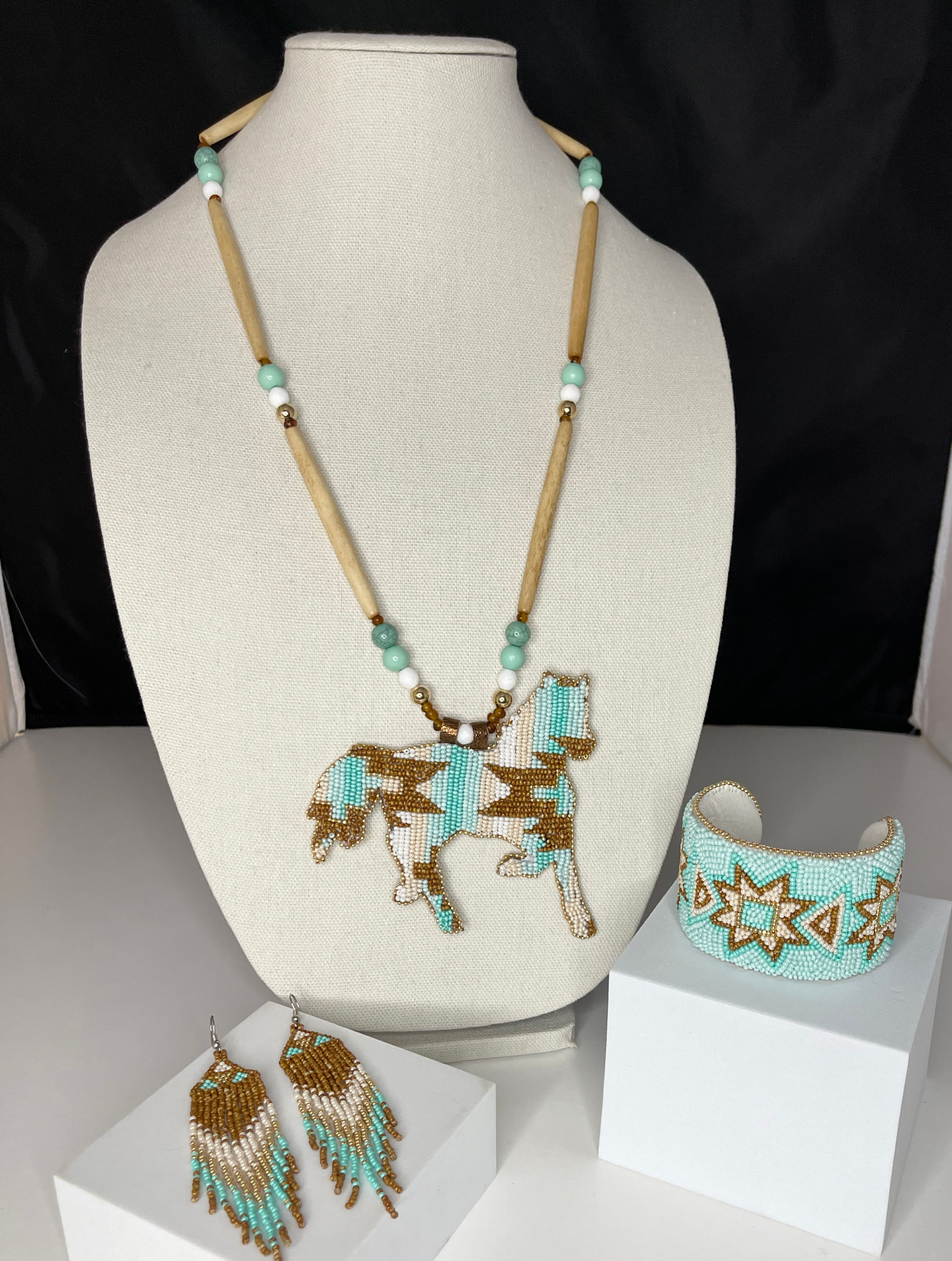 Beaded Teal and Tan Horse Medallion Necklace