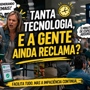 Pessoa no caixa de supermercado tentando pagar com celular enquanto outra demonstra impaciência na fila; destaque para o texto “Ainda reclama?” em amarelo, simbolizando a falta de paciência no atendimento mesmo com tecnologia rápida como o PIX.