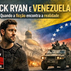 Illustrative image inspired by the Amazon Prime Video series Jack Ryan, showing the main character in a geopolitical conflict setting, with the Venezuelan flag in the background, soldiers in a military operation, and references to Tom Clancy’s books, symbolizing the connection between fiction and recent events in Venezuela.