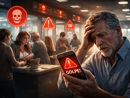 Homem de meia-idade dentro de uma agência bancária segura a cabeça com expressão de desespero enquanto olha para o celular, que exibe um alerta vermelho com a palavra “GOLPE!”. Ao fundo, outros clientes e funcionários conversam com aparência preocupada, enquanto ícones de alerta e perigo flutuam no ambiente, reforçando a sensação de fraude e urgência. A iluminação dramática destaca a tensão e o impacto emocional da situação.
