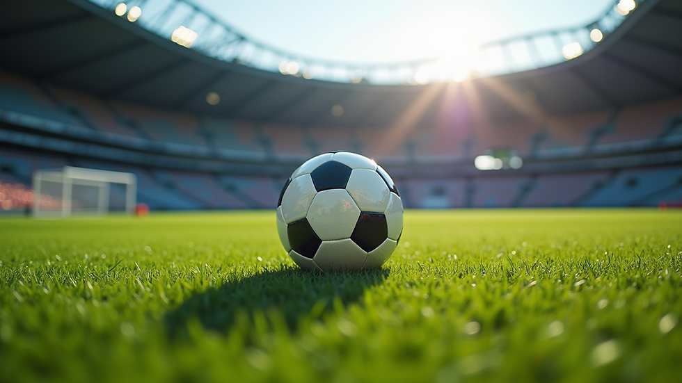 Close-up view of a soccer ball on green grass with a stadium in the background