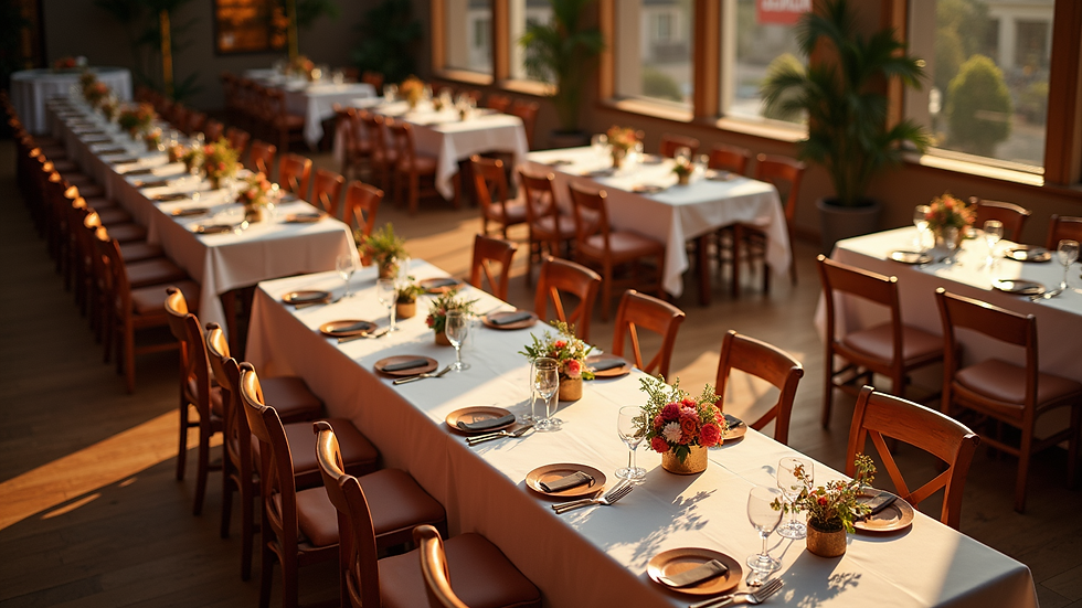 High angle view of an event venue setup with tables and chairs