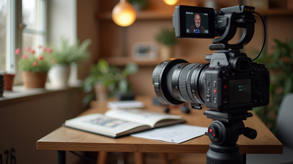Eye-level view of a creative guest book station with video recording setup