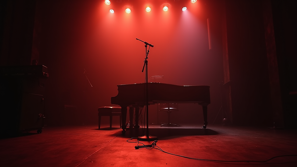 Eye-level view of a dimly lit jazz club stage with a grand piano and microphone stand
