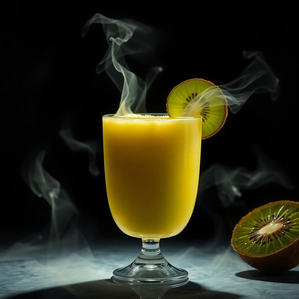 Caipirinha Tropical – Um coquetel amarelo vibrante servido em uma taça com uma rodela de kiwi na borda. Há uma fumaça misteriosa saindo do copo, criando um efeito visual impressionante.