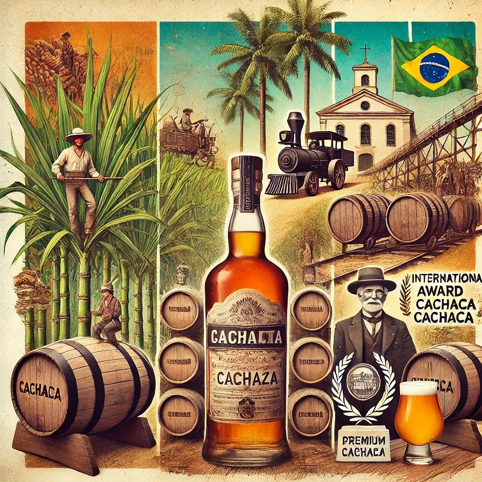 Colagem visual representando cinco aspectos da cachaça: campo de cana-de-açúcar, barril de envelhecimento, cena histórica de produção, prêmio internacional e garrafa de cachaça premium.
