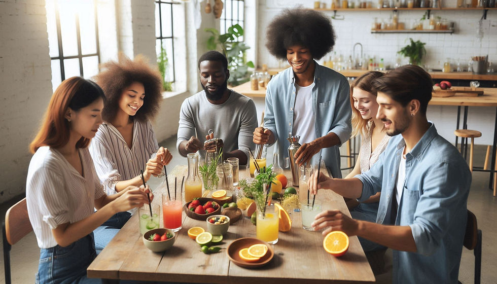 A imagem retrata uma aula de mixologia onde um grupo diverso de pessoas está reunido em torno de uma mesa cheia de frutas, ervas frescas e sucos, enquanto preparam e misturam drinks. Em um ambiente descontraído e iluminado, os participantes aprendem técnicas de coquetelaria, trocando sorrisos e experiências. O espaço, moderno e acolhedor, sugere uma atmosfera relaxada, perfeita para explorar a arte da mixologia e criar coquetéis únicos.