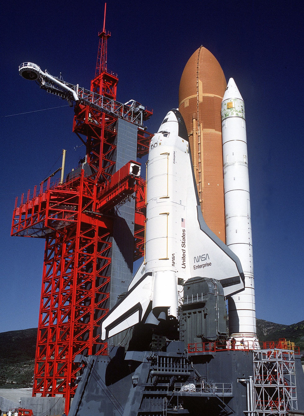 Orbiter Enterprise stacked on the launch pad at Space Launch Complex 6 at Vandenberg Air Force Base