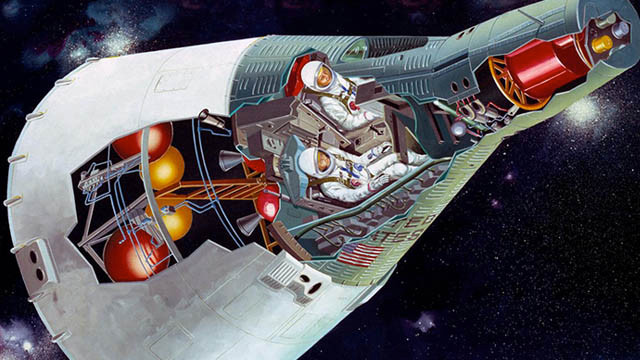 Cutaway of NASA's Gemini spacecraft showing the interior of the crew and service modules