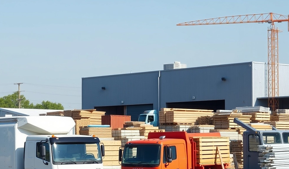 Create an image of a building materials working yard with some trucks and building materia