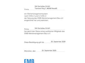 EMB Wertemanagement Urkunde Söll Gerüstbau