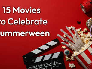 Movie props and snacks with fake spiders, skeletons, and eyeballs. Red background with white text that reads "15 Movies to Celebrate Summerween".