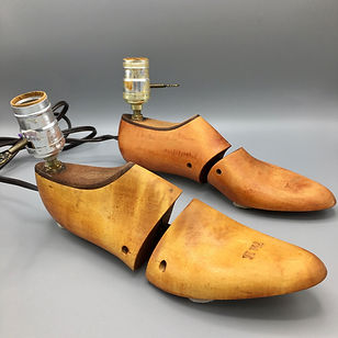 Vintage wooden shoe form table lamps with metal fittings