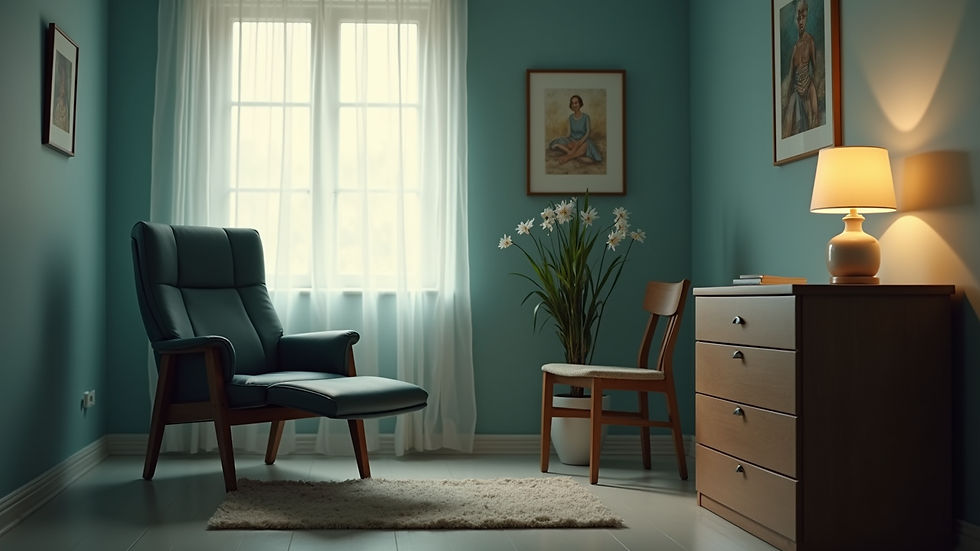 Vue en plongée d’un fauteuil confortable dans un cabinet de psychanalyse
