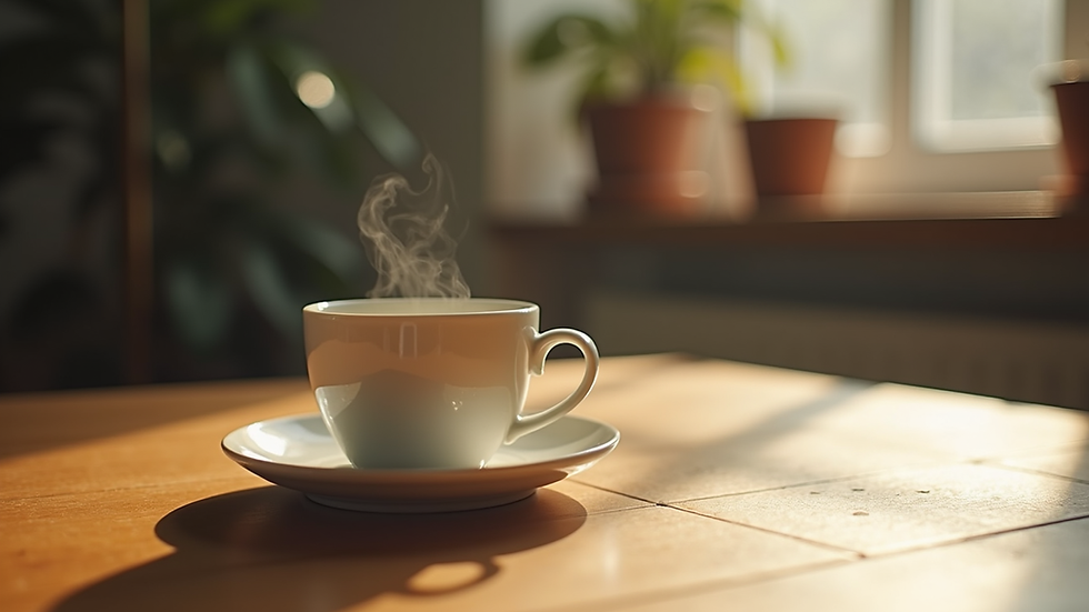 Vue en plongée d'une tasse de tisane posée sur une table en bois