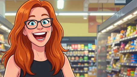 Lili, blogueuse de FitFuelChronicles, illustrée en style cartoon, pousse un panier d'épicerie rempli de légumes frais et de viande dans une allée de supermarché.
