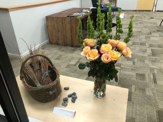 art exhibit, sculpture, basketry, flowers, window art