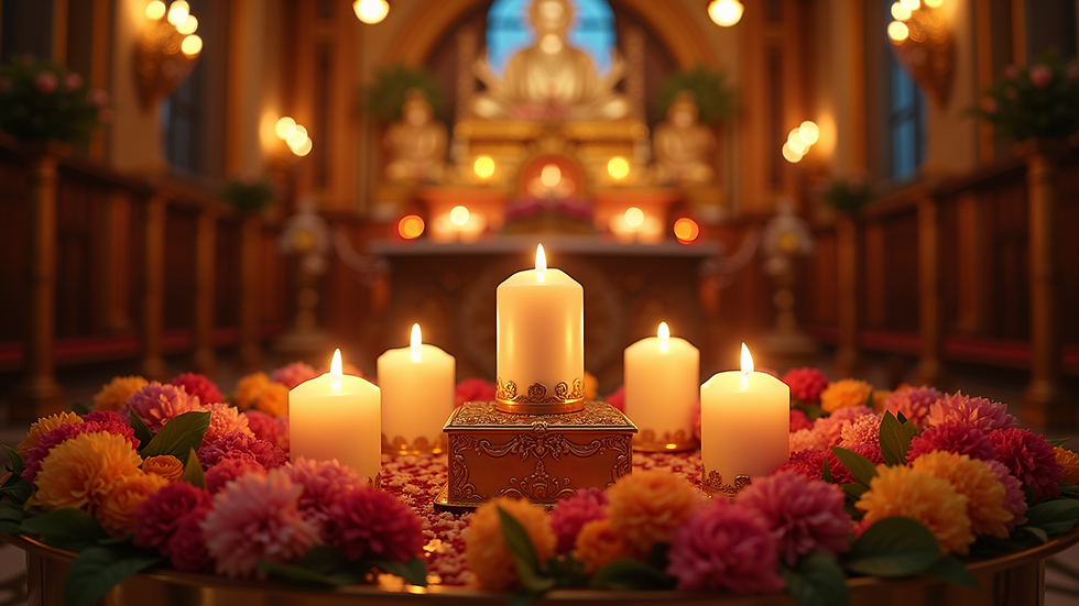 Eye-level view of a vibrant altar adorned with candles and spiritual items