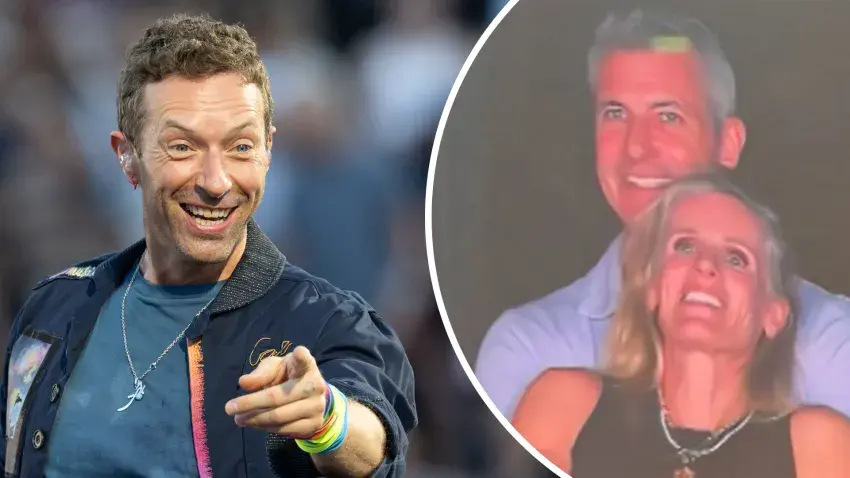 Chris Martin of Coldplay and the Kiss Cam couple.