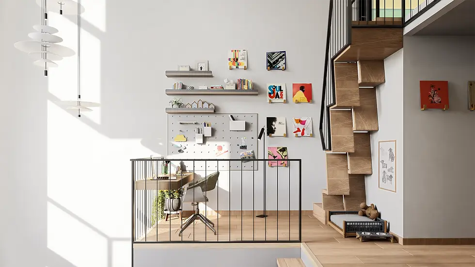 Rincón de estudio luminoso en un altillo, con una escalera de diseño de madera. Las paredes están decoradas con estantes y portadas de discos de vinilo.