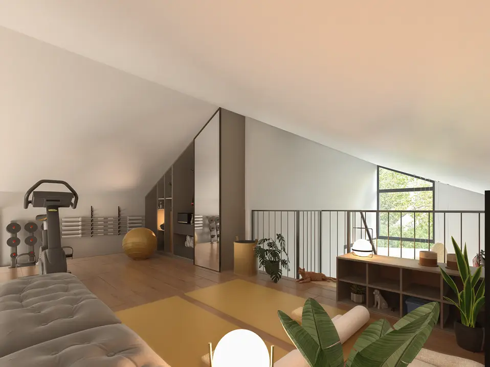 Ático en 人 HITO con espacio para gimnasio, áreas de almacenamiento y grandes ventanales.