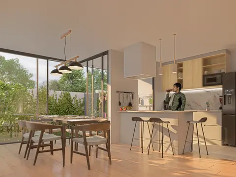 Cocina y comedor en 人 HITO con diseño abierto, isla central y vista al jardín.