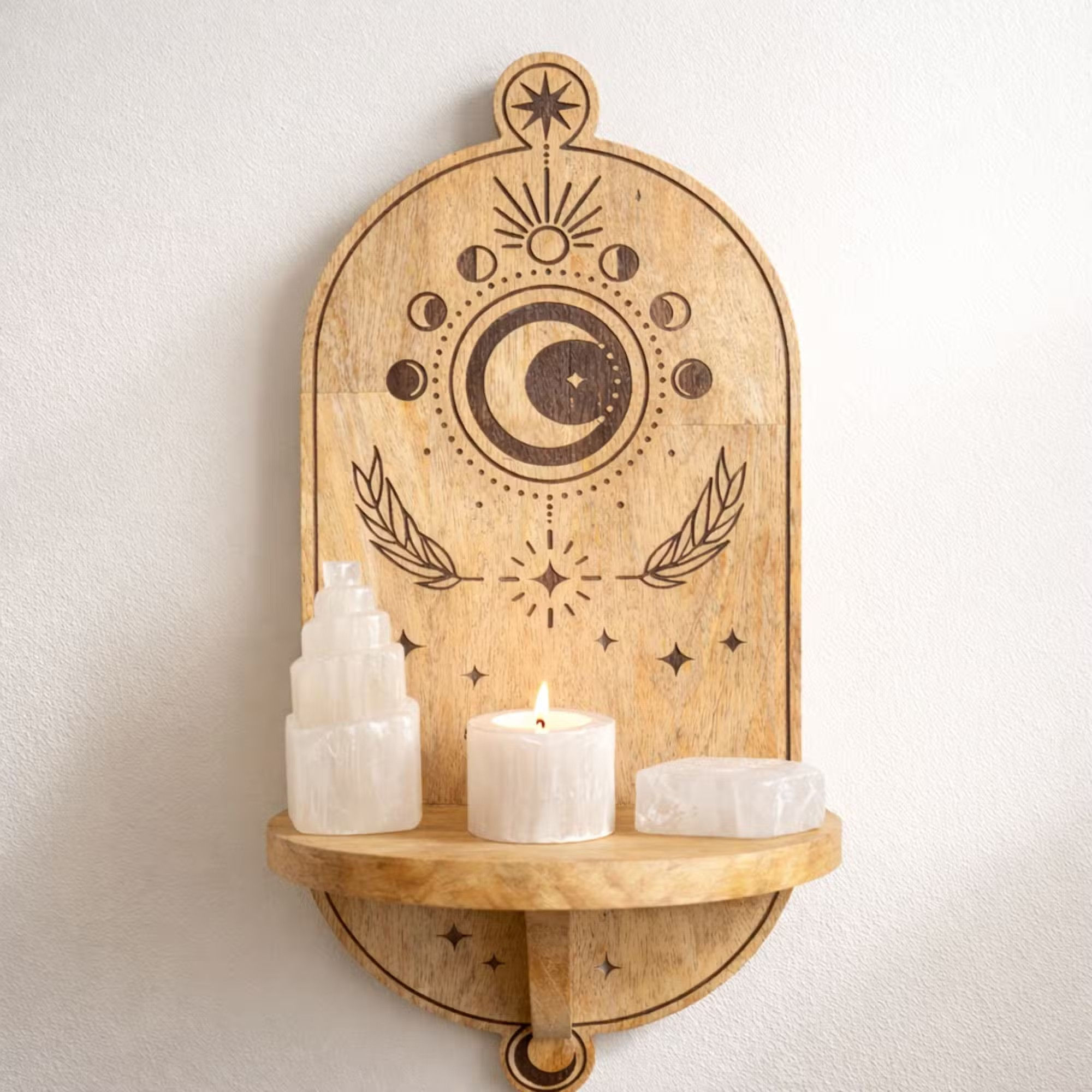 Moon Phase Arched Mango Wood Wall Shelf