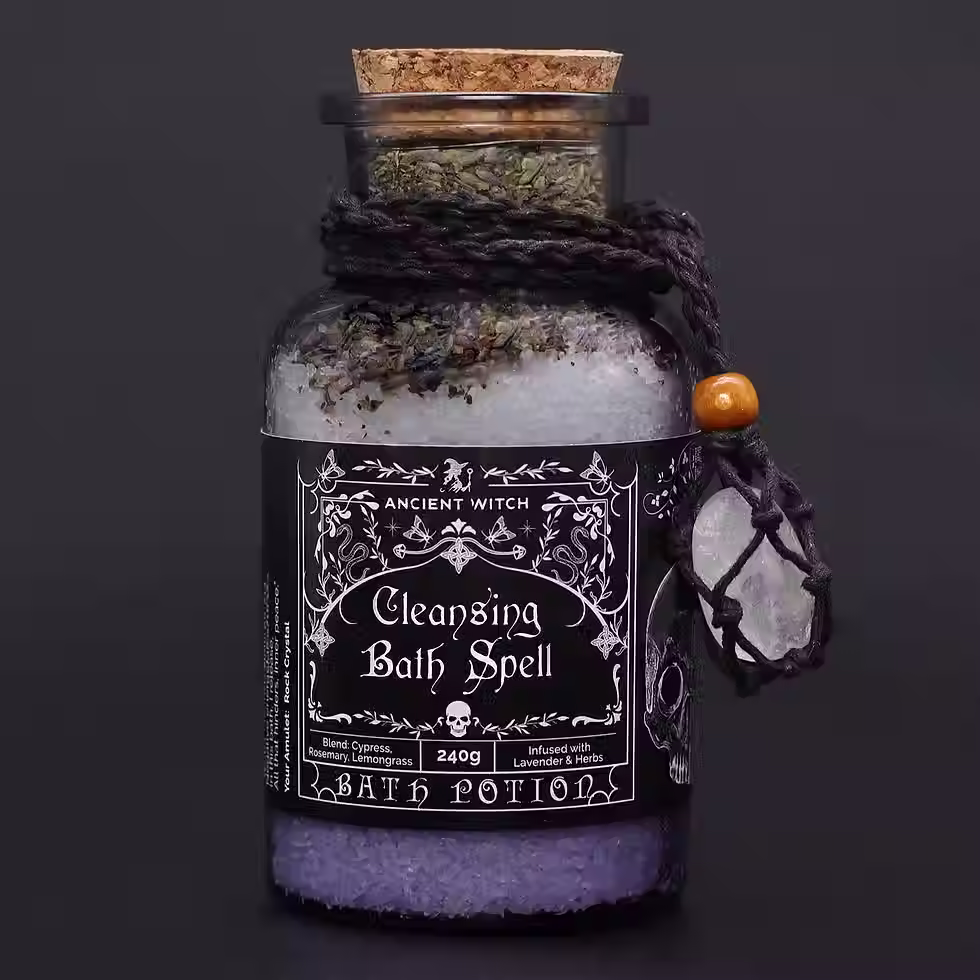 Ancient Witch Bath Spell Potion & Rock Crystal Amulet - Cleansing