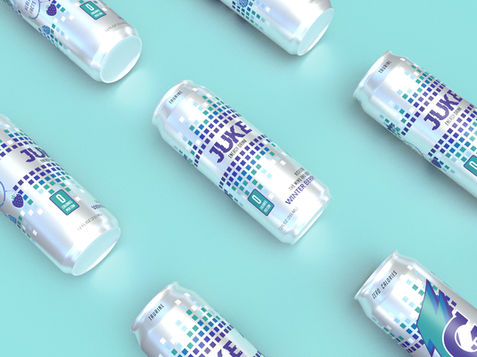 Packaging design project featuring modern energy drink can graphics with pixelated patterns, strong typographic branding, and clean flat-lay composition.