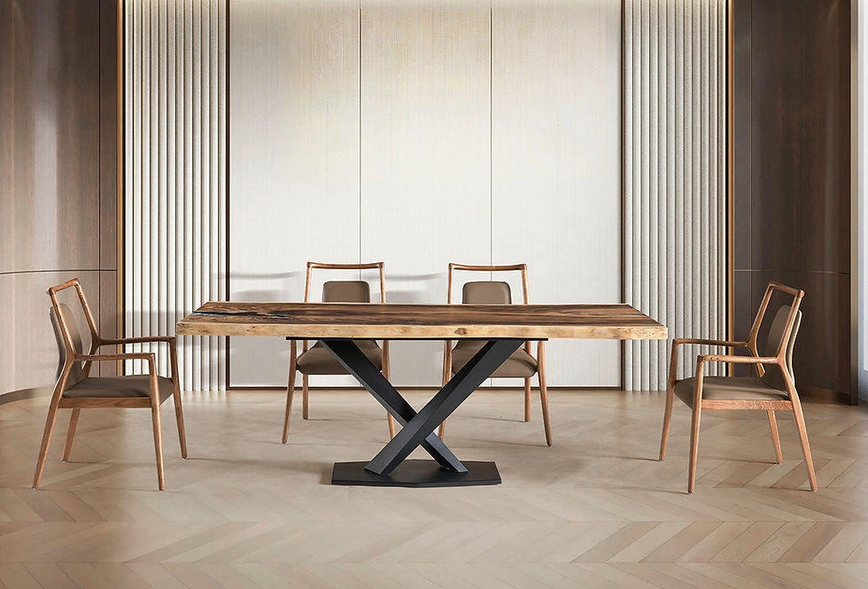 Display 1: S. American Walnut Table 220x91x5.2; Matte Black Metal Leg LA8083; 'Berlin' Chair