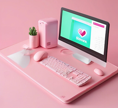 computer with logos in light pink backgr