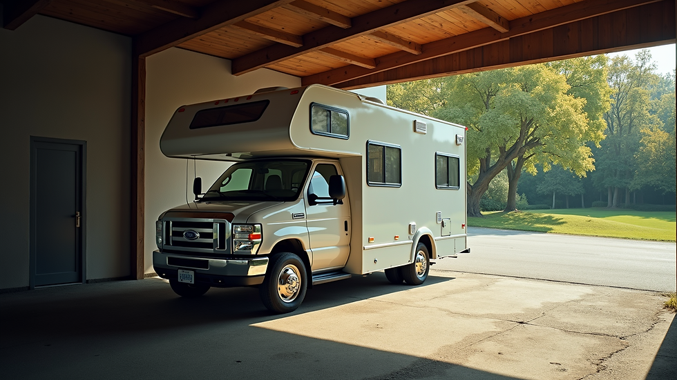 High angle view of an RV parked in a covered area