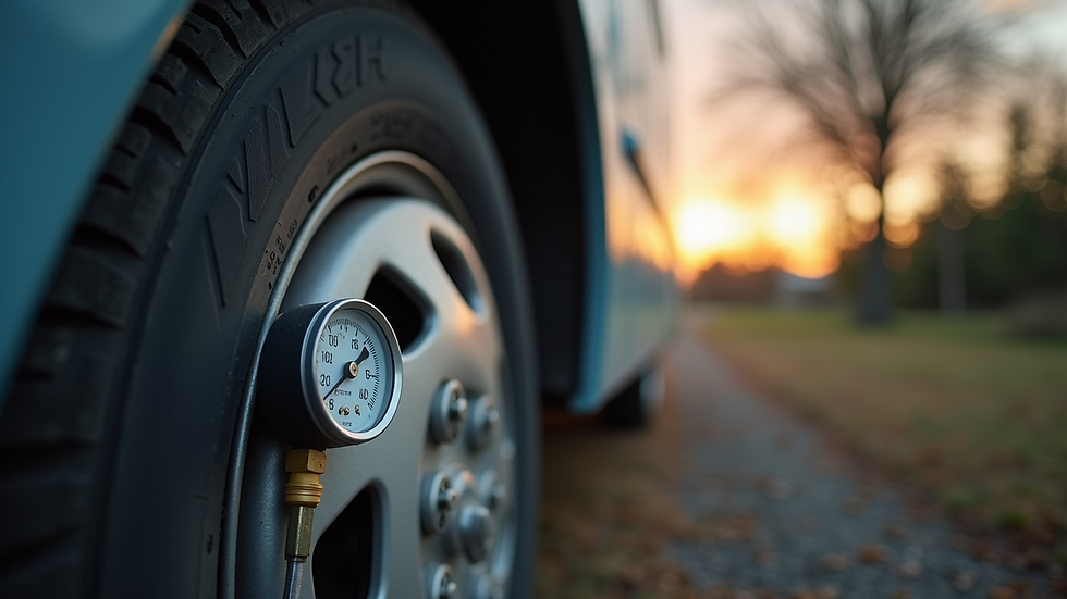 Close-up view of tire pressure gauge on RV tire