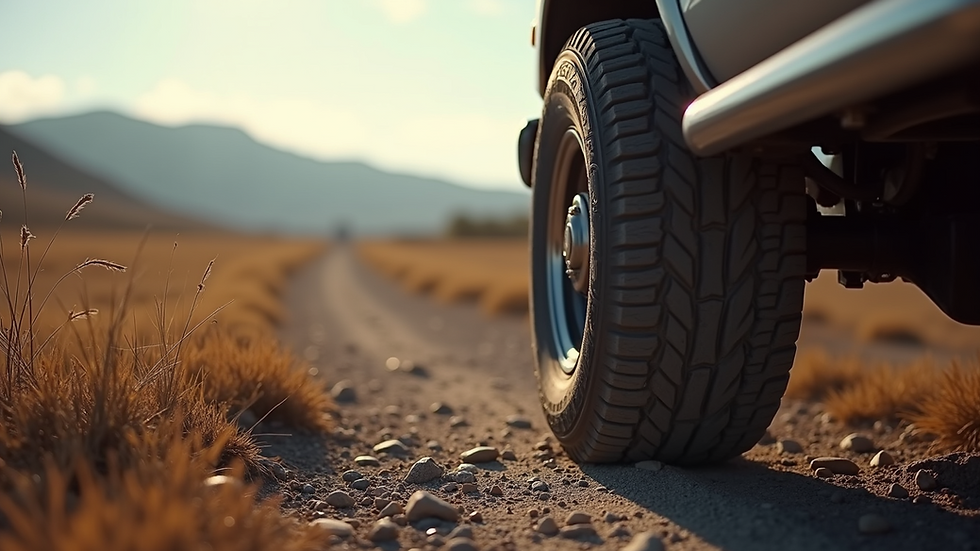High-angle view of RV tire on rugged terrain