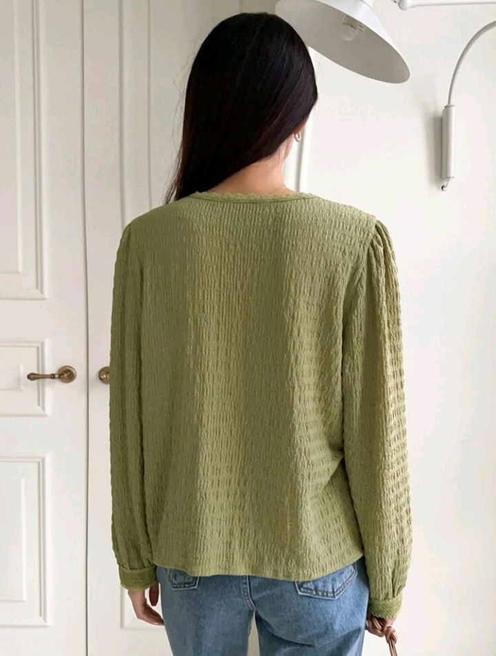 Thumbnail: V-NECK PUFF SLEEVE SOLID BLOUSE 