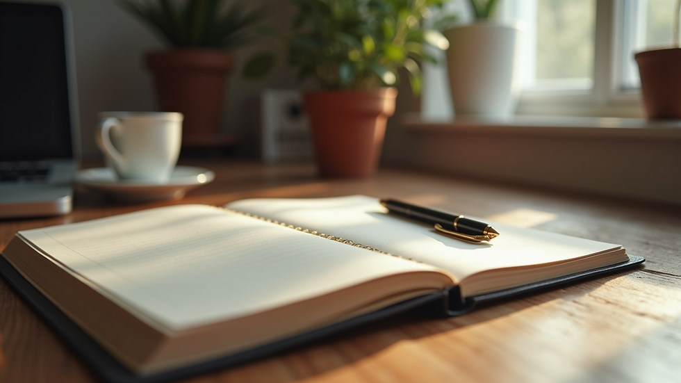 Eye-level view of a cozy workspace with a notebook and pen