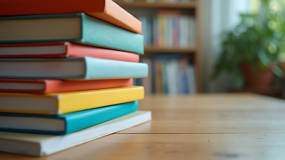 Close-up view of a stack of colorful books