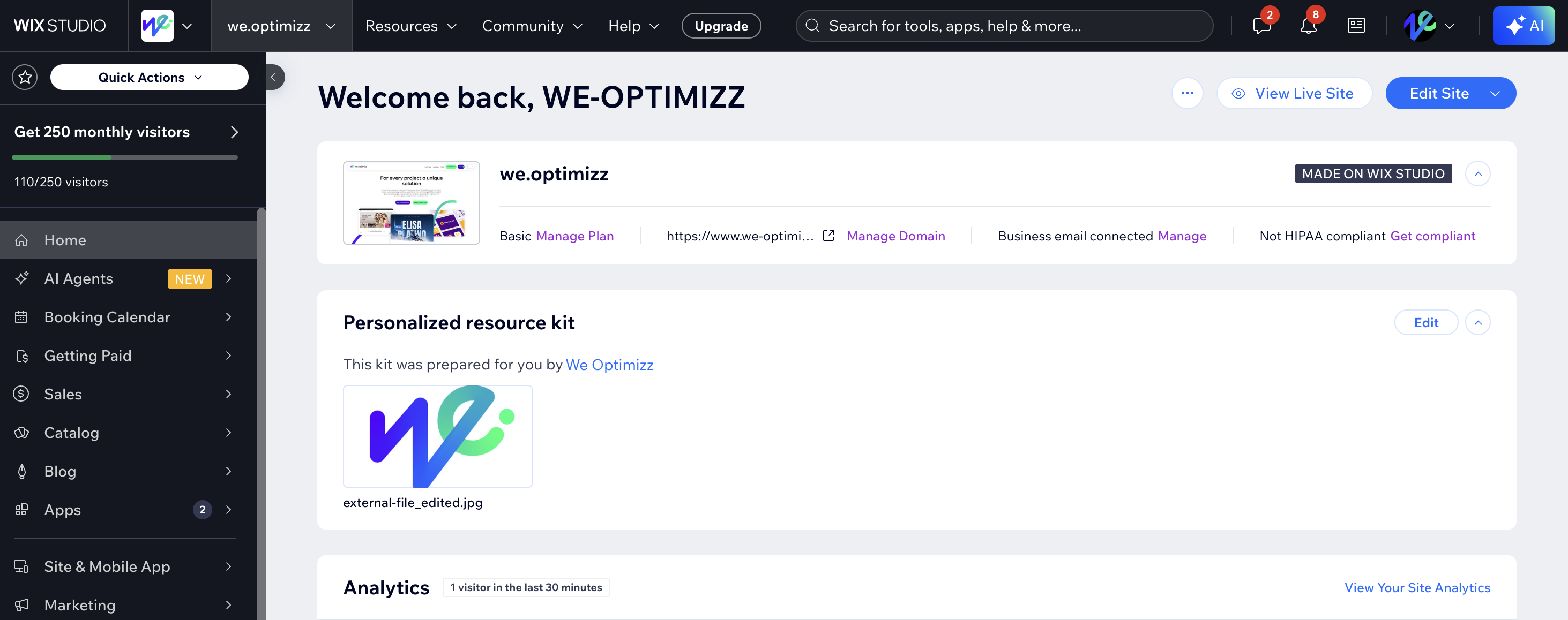 Wix Studio dashboard with responsive website design controls and project workspace