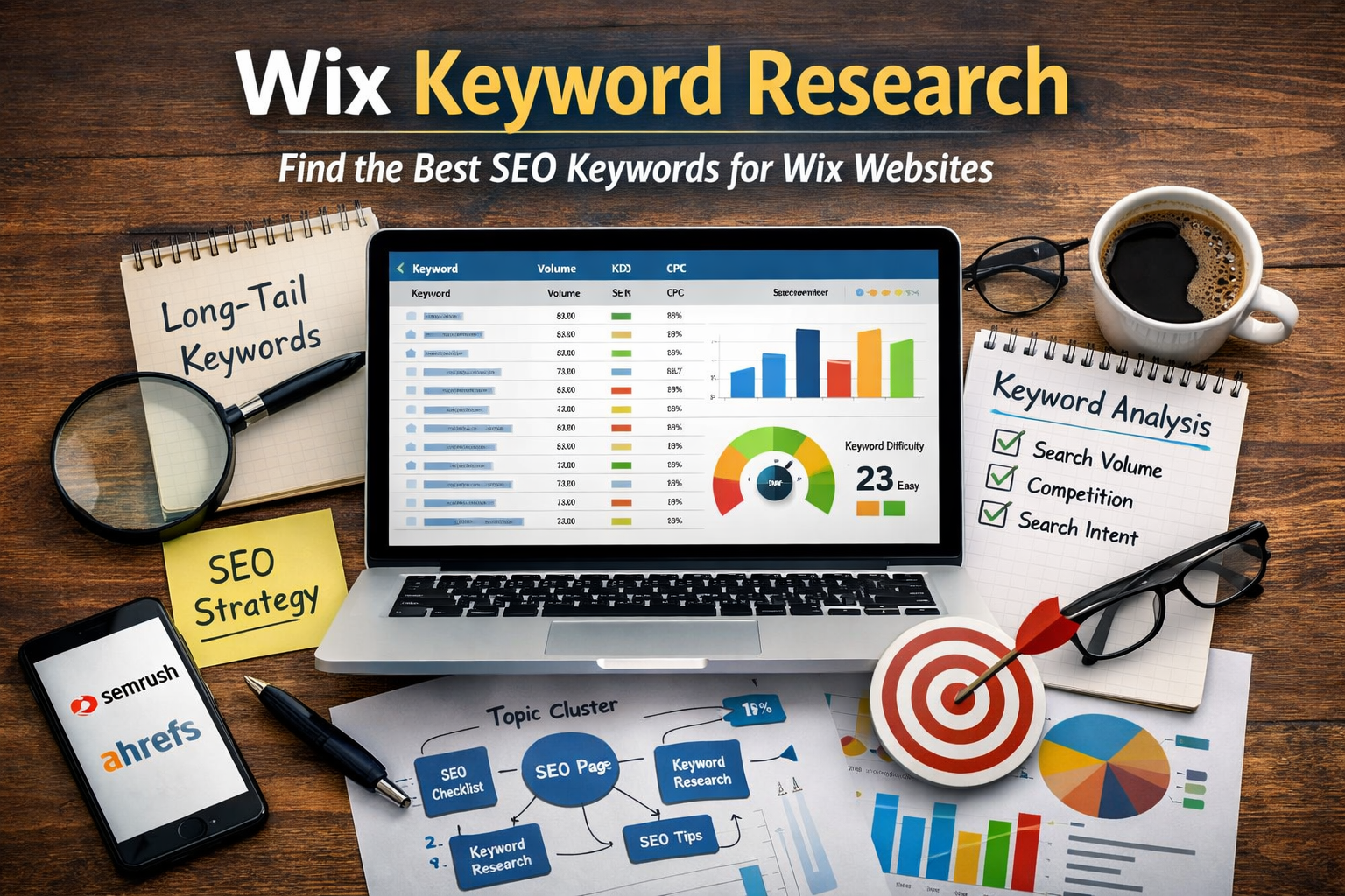 Wix keyword research dashboard showing search volume, keyword difficulty and SEO keyword analysis