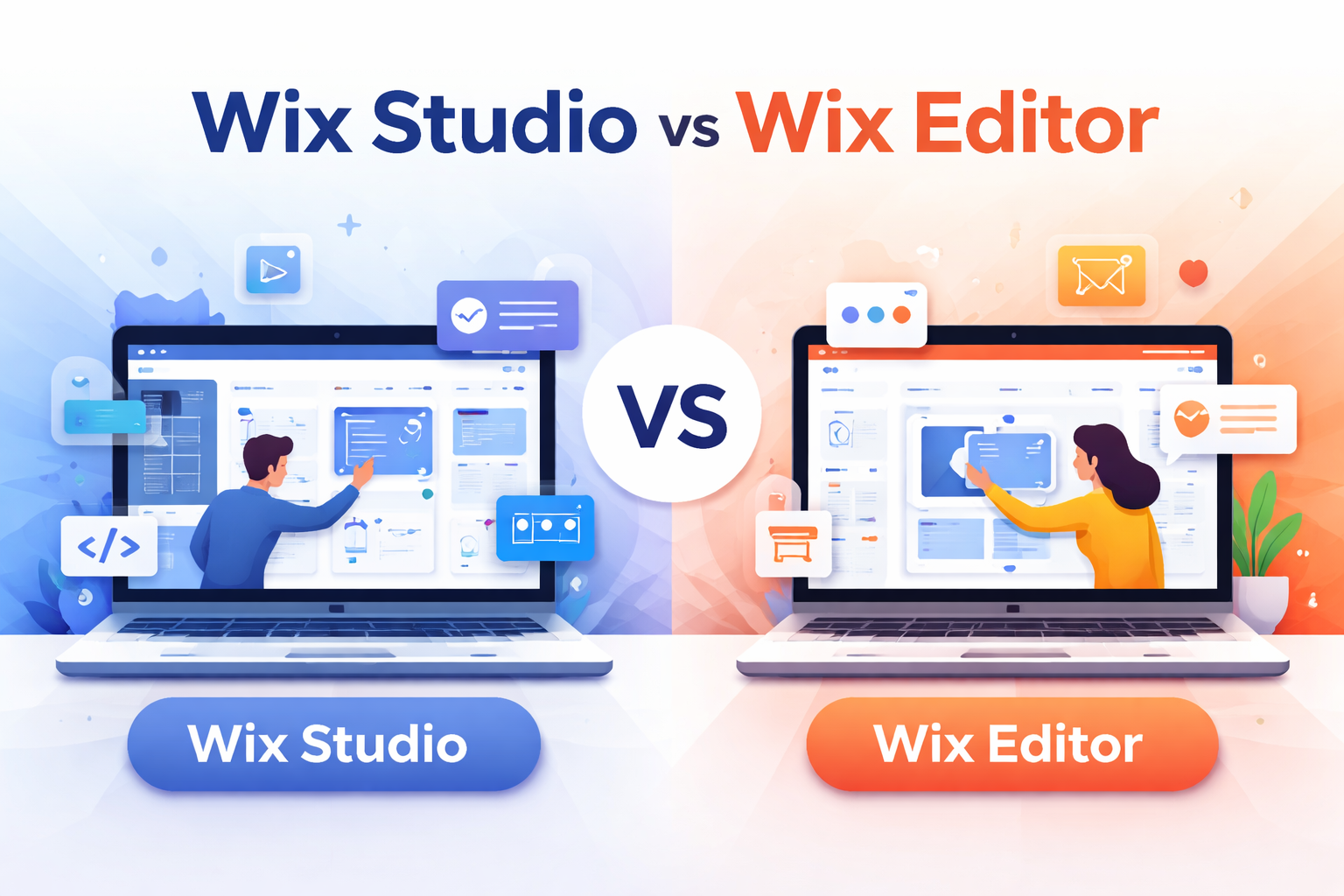 Comparison illustration of Wix Studio vs Wix Editor showing advanced design tools and drag-and-drop website builder interfaces.