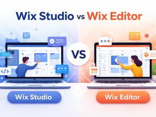 Comparison illustration of Wix Studio vs Wix Editor showing advanced design tools and drag-and-drop website builder interfaces.