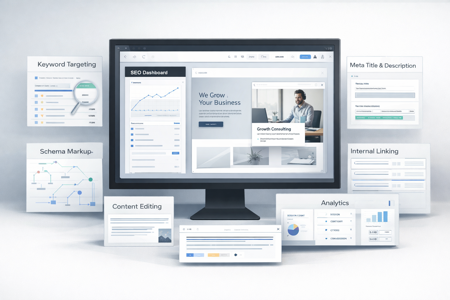 AI-assisted Wix website editing interface with SEO elements including keyword targeting, schema markup, meta title and description, internal linking, content editing and analytics dashboards.