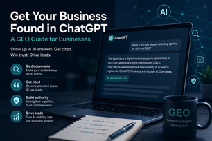 Illustration of how businesses can get found in ChatGPT through GEO, structured data, and AI search visibility
