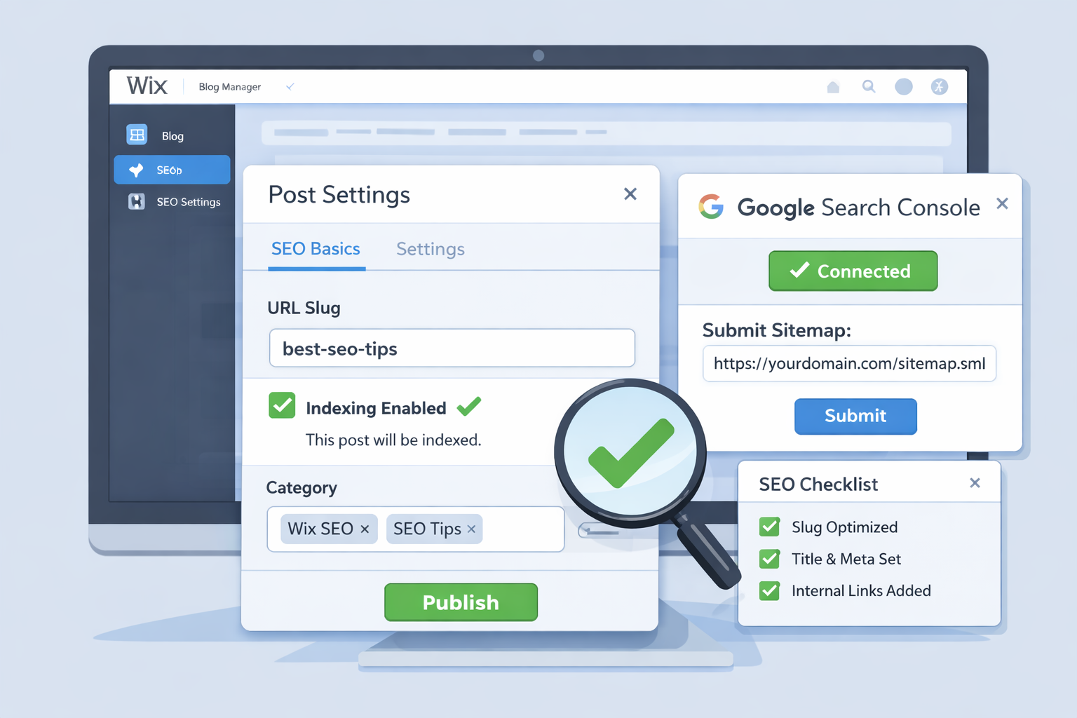 Wix Blog post SEO settings with URL slug, indexing enabled, categories, and Google Search Console connected before publishing