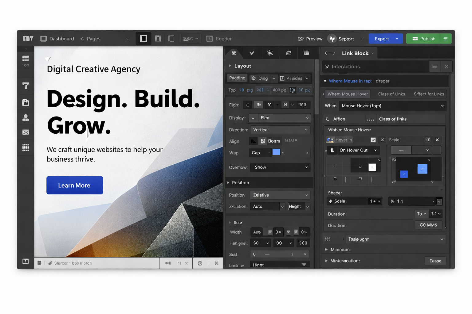 Webflow designer showing layout and animation controls