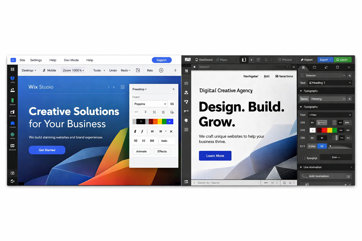 Wix Studio editor compared with Webflow Designer interface