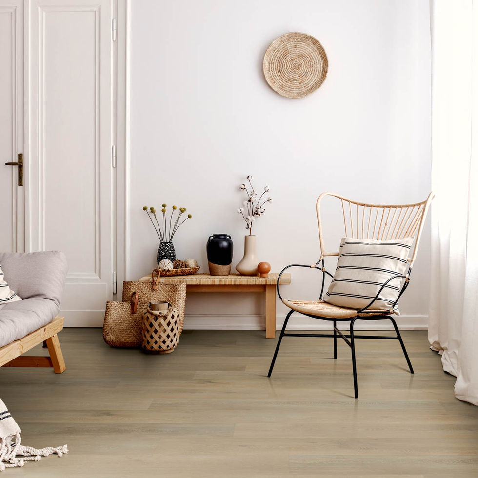 Lichte, moderne woonkamer met houten vloer, rotan stoel en decoratieve manden