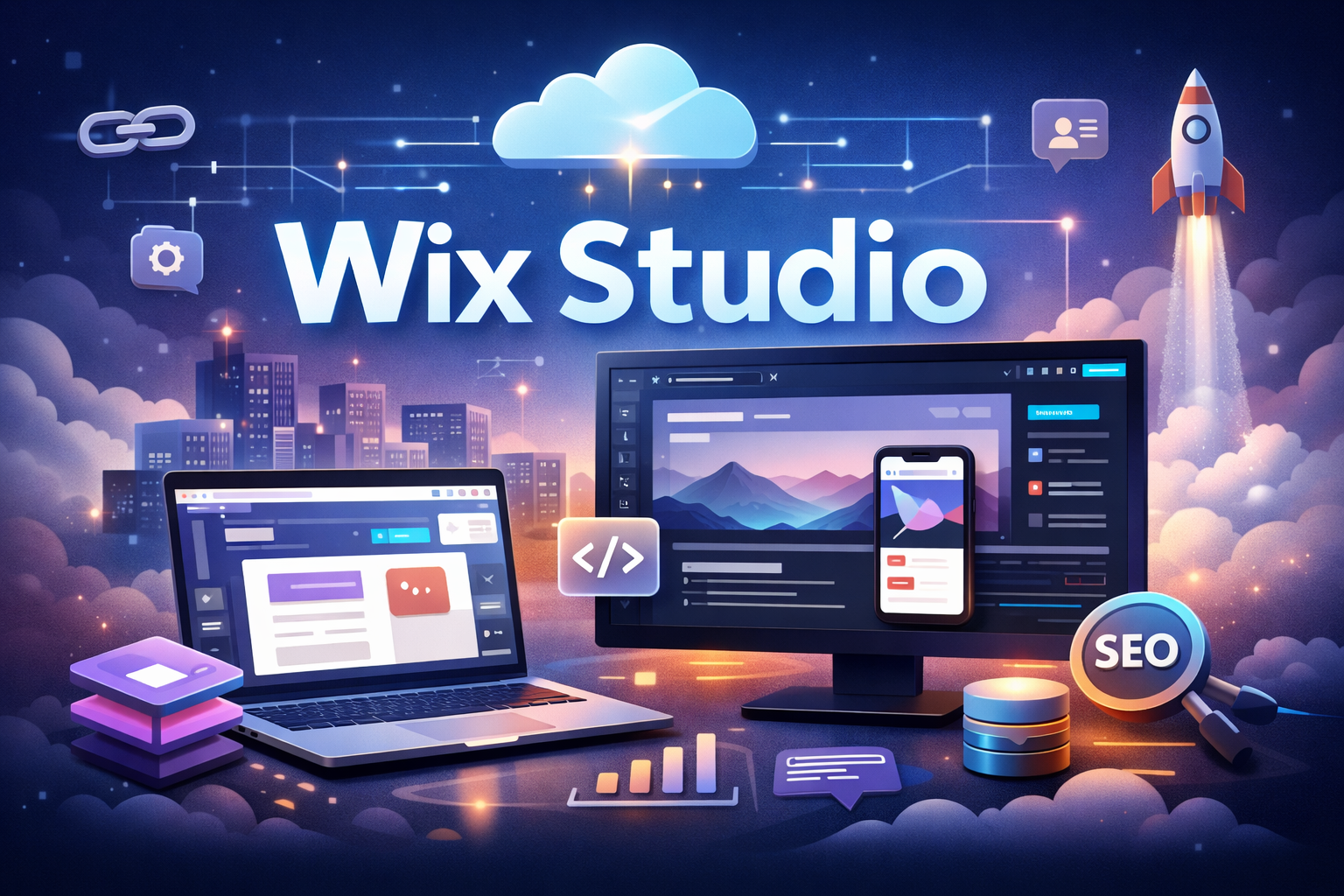 Wix Studio platform showing responsive web design tools, website builder interface and SEO optimization features.
