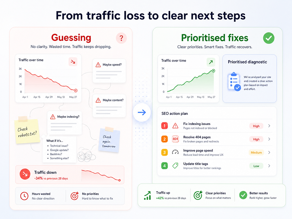 Wix ranking drop diagnostic turning traffic loss into prioritised SEO fixes