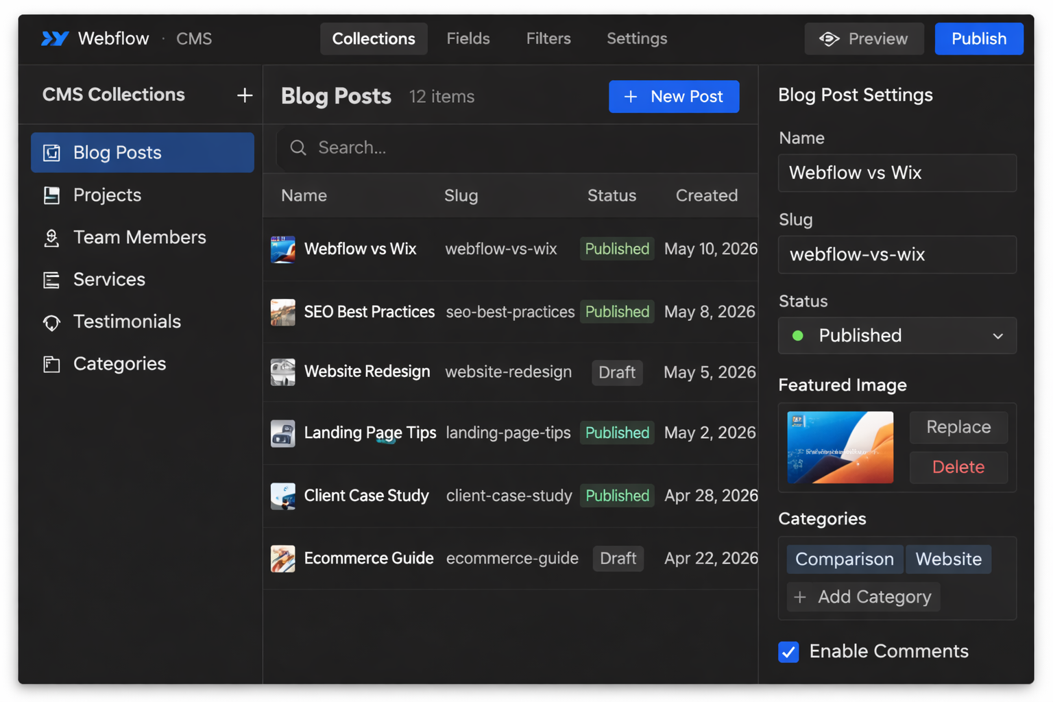 Webflow CMS collections used for structured dynamic content


